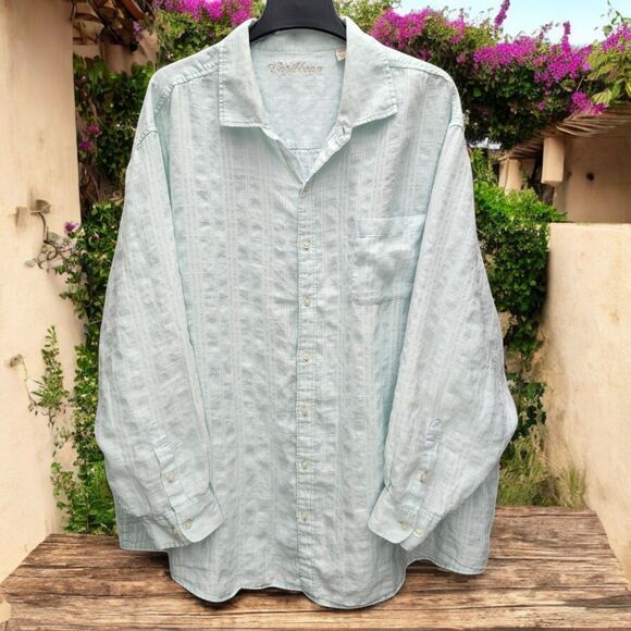 Caribbean Linen Blend Button Up Shirt Mens 3XB Mint Green Keep Cool Coastal - Picture 1 of 11